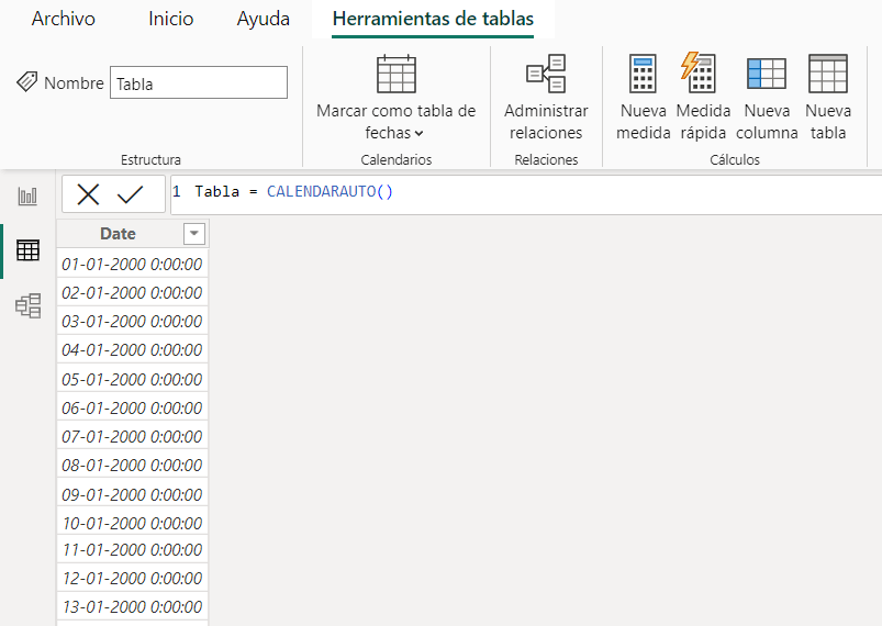 Utilizamos la función CALENDARAUTO para configurar la tabla