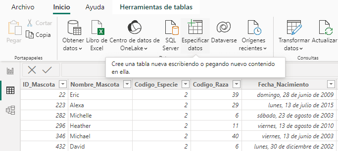 Opción “Especificar Datos”