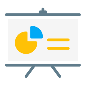 Pantalla de proyector en caricatura que contiene un gráfico de torta y 2 líneas, simulando el análisis de datos